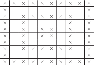 $
\begin{array}{|*{10}{c|}}
\hline
\times&\times&\times&\times&\times&\times&\times&\times&\times&\times\\
\hline
\times&&&&&&&&&\times\\
\hline
\times&&\times&\times&\times&\times&\times&\times&&\times\\
\hline
\times&&\times&&&&&\times&&\times\\
\hline
\times&&\times&&\times&\times&&\times&&\times\\
\hline
\times&&\times&&\times&\times&&\times&&\times\\
\hline
\times&&\times&&&&&\times&&\times\\
\hline
\times&&\times&\times&\times&\times&\times&\times&&\times\\
\hline
\times&&&&&&&&&\times\\
\hline
\times&\times&\times&\times&\times&\times&\times&\times&\times&\times\\
\hline
\end{array}
$