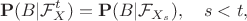 $$\mathbf{P}(B|\mathcal{F}_X^t) = \mathbf{P}(B|\mathcal{F}_{X_s}),\quad s < t,$$