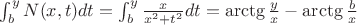 $\int_b^y N(x,t)dt=\int_b^y \frac{x}{x^2+t^2}dt=\arctg \frac{y}{x}-\arctg \frac{b}{x}$