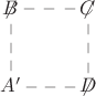 $$\xymatrix{
    \not{\!\!B} \ar@{--}[r]  \ar@{--}[d]& \not{\!\!C} \\
    A^{\prime} & \not{\!\!D} \ar@{--}[u]  \ar@{--}[l]
}$$