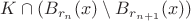 $K\cap (B_{r_n}(x)\setminus B_{r_{n+1}}(x))$