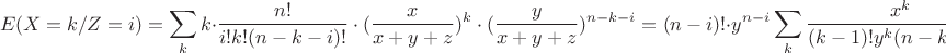 $$E(X=k/Z=i)=\sum\limits_kk\cdot{\frac {n!} {i!k!(n-k-i)!}\cdot(\frac x{x+y+z})^k\cdot(\frac y {x+y+z})^{n-k-i}}=({n-i})!\cdot{y^{n-i}}\sum\limits_k{\frac {x^k} {({k-1})!y^k(n-k-i)!}$$