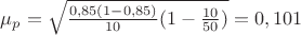 $\mu_p=\sqrt{\frac{0,85(1-0,85)}{10}(1-\frac{10}{50})}=0,101 $