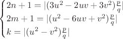 $$\begin{cases}
2n+1 = |(3u^2 - 2uv + 3v^2)\frac{p}{q}| \\
2m+1 = |(u^2 - 6uv + v^2)\frac{p}{q}| \\
k = |(u^2 - v^2)\frac{p}{q}|
\end{cases}
$$