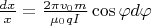 $\frac{dx}{x}=\frac{2\pi v_0 m}{\mu_0 qI}\cos\varphi d\varphi$