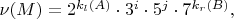 $\nu(M)=2^{k_{l}(A)}\cdot 3^{i}\cdot 5^{j}\cdot 7^{k_{r}(B)},$