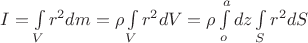 $I=\int \limits_{V}r^2dm=\rho \int \limits_{V}r^2dV=\rho \int \limits_{o}^{a}dz\int \limits_{S}r^2dS$
