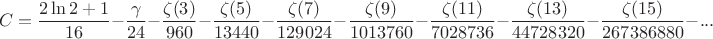 $$C=\frac{2 \ln 2 + 1}{16}-\frac{\gamma}{24}-\frac{\zeta(3)}{960}-\frac{\zeta(5)}{13440}-\frac{\zeta(7)}{129024}-\frac{\zeta(9)}{1013760}-\frac{\zeta(11)}{7028736}-\frac{\zeta(13)}{44728320}-\frac{\zeta(15)}{267386880}-...$$