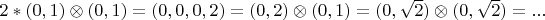 $2*(0,1)\otimes(0,1) = (0,0,0,2) = (0,2) \otimes (0,1) = (0,\sqrt 2) \otimes (0,\sqrt 2) = ...$