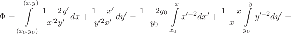 $$\Phi=\int\limits_{(x_0,y_0)}^{(x,y)} \dfrac{1-2y'}{x'^2y'}dx+\dfrac{1-x'}{y'^2x'}dy'=
\dfrac{1-2y_0}{y_0}\int\limits_{x_0}^{x} x'^{-2}dx'+\dfrac{1-x}{x}\int\limits_{y_0}^{y} y'^{-2}dy'=$$