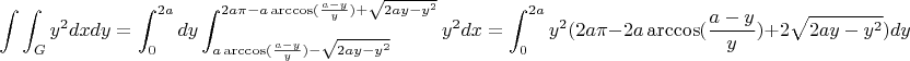 $$\int\int_{G}y^2dxdy=\int_{0}^{2a}dy\int_{a\arccos(\frac{a-y}{y})-\sqrt{2ay-y^2}}}^{2a\pi-a\arccos(\frac{a-y}{y})+\sqrt{2ay-y^2}}y^2dx=\int_{0}^{2a}y^2(2a\pi-2a\arccos(\frac{a-y}{y})+2\sqrt{2ay-y^2}}})dy$$