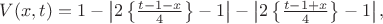 $V(x,t)=1-\left|2\left\{\frac{t-1-x}{4}\right\}-1\right|-\left|2\left\{\frac{t-1+x}{4}\right\}-1\right|,$