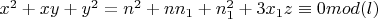 $x^2+xy+y^2=n^2+nn_1+n_1^2+3x_1z\equiv 0 mod (l)$