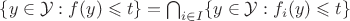 $\{y\in\mathcal Y:f(y)\leqslant t\}=\bigcap_{i\in I}\{y\in\mathcal Y:f_i(y)\leqslant t\}$