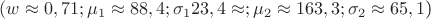 $(w\approx 0,71;\mu_1\approx 88,4; \sigma_1 23,4\approx ;\mu_2\approx163,3; \sigma_2\approx 65,1$)