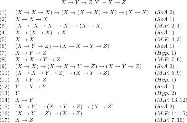$$X \to Y \to Z,Y|-X \to Z $$
$$\begin{array}{lll}
(1) & (X \to X \to X) \to (X \to (X \to X) \to X) \to (X \to X) & (SoA \ 2) \\
(2) & X \to X \to X & (SoA \ 1) \\
(3) & (X \to (X \to X) \to X) \to (X \to X) & (M.P. \ 2, 1) \\
(4) & X \to (X \to X) \to X & (SoA \ 1) \\
(5) & X \to X & (M.P. \ 4, 3) \\
(6) & (X \to Y \to Z) \to (X \to X \to Y \to Z) & (SoA \ 1) \\
(7) & X \to Y \to Z & (Hyp. \ 1) \\
(8) & X \to X \to Y \to Z & (M.P. \ 7, 6) \\
(9) & (X \to X) \to (X \to X \to Y \to Z) \to (X \to Y \to Z) & (SoA \ 2) \\
(10) & (X \to X \to Y \to Z) \to (X \to Y \to Z) & (M.P. \ 5, 9) \\
(11) & X \to Y \to Z & (Hyp. \ 1) \\
(12) & Y \to X \to Y & (SoA \ 1) \\
(13) & Y & (Hyp. \ 2) \\
(14) & X \to Y & (M.P. \ 13, 12) \\
(15) & (X \to Y) \to (X \to Y \to Z) \to (X \to Z) & (SoA \ 2) \\
(16) & (X \to Y \to Z) \to (X \to Z) & (M.P. \ 14, 15) \\
(17) &X \to Z & (M.P. \ 7, 16) \\
\end{array}$$