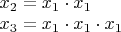 $\\x_2 = x_1 \cdot x_1\\x_3 = x_1 \cdot x_1 \cdot x_1$