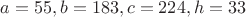 $a=55, b=183, c=224, h=33$