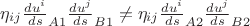 $\eta_{ij}\frac{du^i}{ds}_{A1}\frac{du^j}{ds}_{B1}\neq\eta_{ij}\frac{du^i}{ds}_{A2}\frac{du^j}{ds}_{B2}$