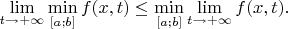 $\lim\limits_{t \to +\infty}\min\limits_{[a;b]}f(x,t)\leq \min\limits_{[a;b]}\lim\limits_{t \to +\infty}f(x,t).$