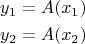 \[
\begin{gathered}
  y_1  = A(x_1 ) \hfill \\
  y_2  = A(x_2 ) \hfill \\ 
\end{gathered} 
\]