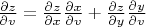 $\frac{\partial z}{\partial v}=\frac{\partial z}{\partial x}\frac{\partial x}{\partial v}+ \frac{\partial z}{\partial y}\frac{\partial y}{\partial v}$