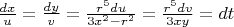 $\frac {dx} u = \frac {dy} v = \frac {r^5du}{ 3x^2-r^2 } = \frac {r^5dv}{3xy}=dt$