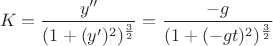 $$K=\frac{y''}{(1+(y')^2)^\frac{3}{2}}=\frac{-g}{(1+(-gt)^2)^\frac{3}{2}}$$