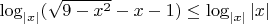 $\[{\log _{\left| x \right|}}(\sqrt {9 - {x^2}}  - x - 1) \le {\log _{\left| x \right|}}\left| x \right|\]$