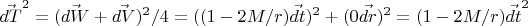 $\vec{dT}^2=(\vec{dW}+\vec{dV})^2/4=((1-2M/r)\vec{dt})^2+(0\vec{dr})^2=(1-2M/r)\vec{dt}^2$