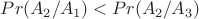 $Pr(A_2/A_1) < Pr(A_2/A_3)$