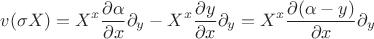 $$v(\sigma X) = X^x\frac{\partial \alpha }{\partial x} {\partial}_y - X^x\frac{\partial y}{\partial x} {\partial}_y = X^x\frac{\partial (\alpha-y)}{\partial x} {\partial}_y$$