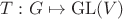 $T: G \mapsto \mathrm{GL}(V)$