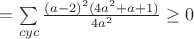 $=\sum\limits_{cyc}\frac{(a-2)^2(4a^2+a+1)}{4a^2}\geq0$