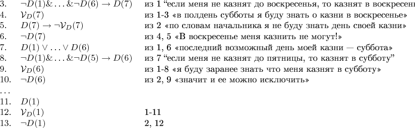 $$
\begin{array}{lll}
3. & \neg D(1) \& &hellip;\& \neg D(6) \to D(7) & $ из 1 &ldquo;если меня не казнят до воскресенья, то казнят в воскресенье&rdquo;$\\
4. & \mathcal{V}_D(7) & $ из 1-3 &laquo;в полдень субботы я буду знать о казни в воскресенье&raquo;$\\
5. & D(7) \to  \neg \mathcal{V}_D(7) & $ из 2 &laquo;по словам начальника я не буду знать день своей казни&raquo;$\\
6. & \neg D(7) & $ из 4, 5 &laquo;В воскресенье меня казнить не могут!&raquo;$\\
7. & D(1) \vee &hellip; \vee D(6) & $ из 1, 6 &laquo;последний возможный день моей казни &mdash; суббота&raquo;$\\
8. & \neg D(1) \& &hellip;\& \neg D(5) \to D(6) & $ из 7 &ldquo;если меня не казнят до пятницы, то казнят в субботу&rdquo;$\\
9. & \mathcal{V}_D(6) & $ из 1-8 &laquo;я буду заранее знать что меня казнят в субботу&raquo;$\\
10. & \neg D(6) & $ из 2, 9 &laquo;значит и ее можно исключить&raquo;$\\
&hellip; & & \\
11. & D(1) & \\
12. & \mathcal{V}_D(1) & $ 1-11$\\
13. & \neg D(1) & $ 2, 12$\\
\end{array}
$$