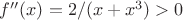 $f''(x)=2/(x+x^3)>0$