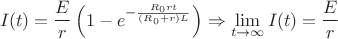 $$I(t)=\dfrac{E}{r}\left(1-e^{-\frac{R_{0}rt}{(R_{0}+r)L}}\right) \Rightarrow \lim_{t \rightarrow\infty}{I(t)} = \dfrac{E}{r}$$