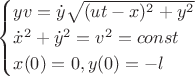 $$\begin{cases}
yv=\dot{y}\sqrt{(ut-x)^2+y^2}\\
\dot{x}^2+\dot{y}^2=v^2=const\\
x(0)=0, y(0)=-l\\
\end{cases}$$
