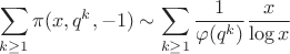 $$\sum_{k \ge 1}\pi(x, q^k, -1)\sim \sum_{k\ge1} \frac1{\varphi(q^k)} \frac x{\log x}$$