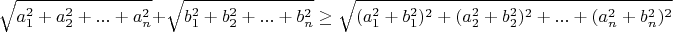 $$\sqrt {a_{1}^2+a_{2}^2+...+a_{n}^2}+\sqrt {b_{1}^2+b_{2}^2+...+b_{n}^2}\geq \sqrt{(a_{1}^2+b_{1}^2)^2+(a_{2}^2+b_{2}^2)^2+...+(a_{n}^2+b_{n}^2)^2}$$