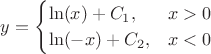 $$y=\begin{cases}
\ln(x)+C_1,&x>0\\
\ln(-x)+C_2,&x<0
\end{cases}$$