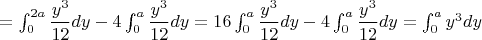 $=\int_0^{2a} {\dfrac{y^3}{12}dy}-4 \int_0^a {\dfrac{y^3}{12} dy}=16\int_0^a {\dfrac{y^3}{12}dy}-4 \int_0^a {\dfrac{y^3}{12} dy}= \int_0^a {y^3 dy}$