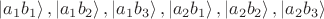 $\left|a_1 b_1\right>, \left|a_1 b_2\right>, \left|a_1 b_3\right>, \left|a_2 b_1\right>, \left|a_2 b_2\right>, \left|a_2 b_3\right>$