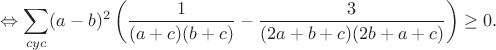 $$\Leftrightarrow\sum_{cyc}(a-b)^2\left(\frac{1}{(a+c)(b+c)}-\frac{3}{(2a+b+c)(2b+a+c)}\right)\geq0.$$