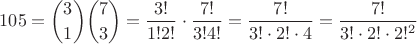 $$105=\binom31\binom73=\frac{3!}{1!2!}\cdot\frac{7!}{3!4!}=\frac{7!}{3!\cdot2!\cdot4}=\frac{7!}{3!\cdot2!\cdot2!^2}$$