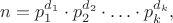 $n=p_1^{d_1}\cdot p_2^{d_2}\cdot\ldots\cdot p_k^{d_k},$