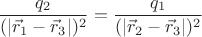 $$\frac{q_2}{(|\vec{r}_1-\vec{r}_3|)^2}=\frac{q_1}{(|\vec{r}_2-\vec{r}_3|)^2}$$