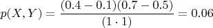 $p(X, Y) = \dfrac{(0.4 - 0.1) (0.7 - 0.5)}{(1 \cdot 1)} = 0.06$