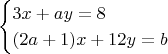 $$\begin{equation} \begin{cases} 3x+ay=8 \\  (2a+1)x+12y=b 
\end{cases} \notag \end{equation}$$