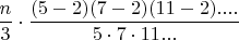 $\dfrac {n}{3}\cdot \dfrac {(5-2)(7-2)(11-2)....}{5\cdot 7 \cdot 11...}$